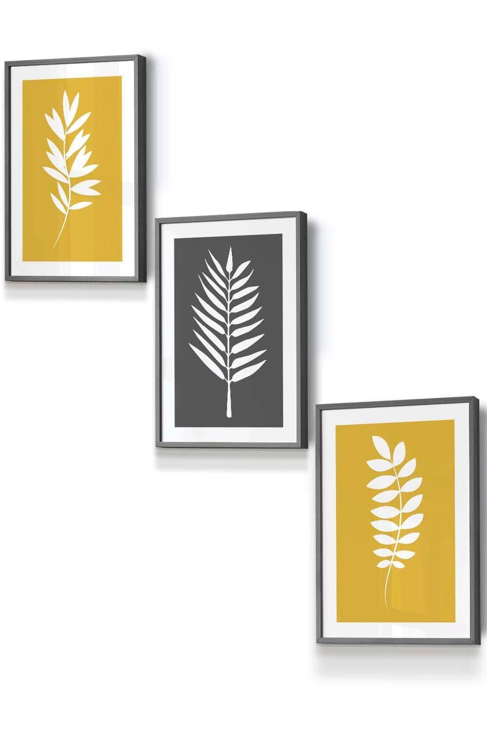 Yellow Grey Graphical Leaves Framed Wall Art - Small